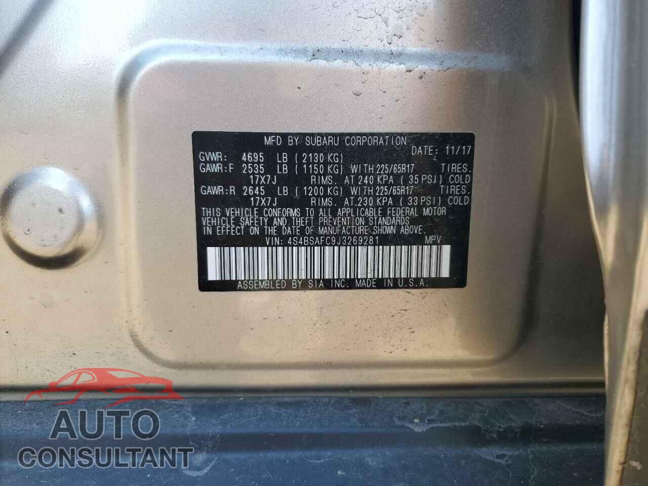 SUBARU OUTBACK 2018 - 4S4BSAFC9J3269281