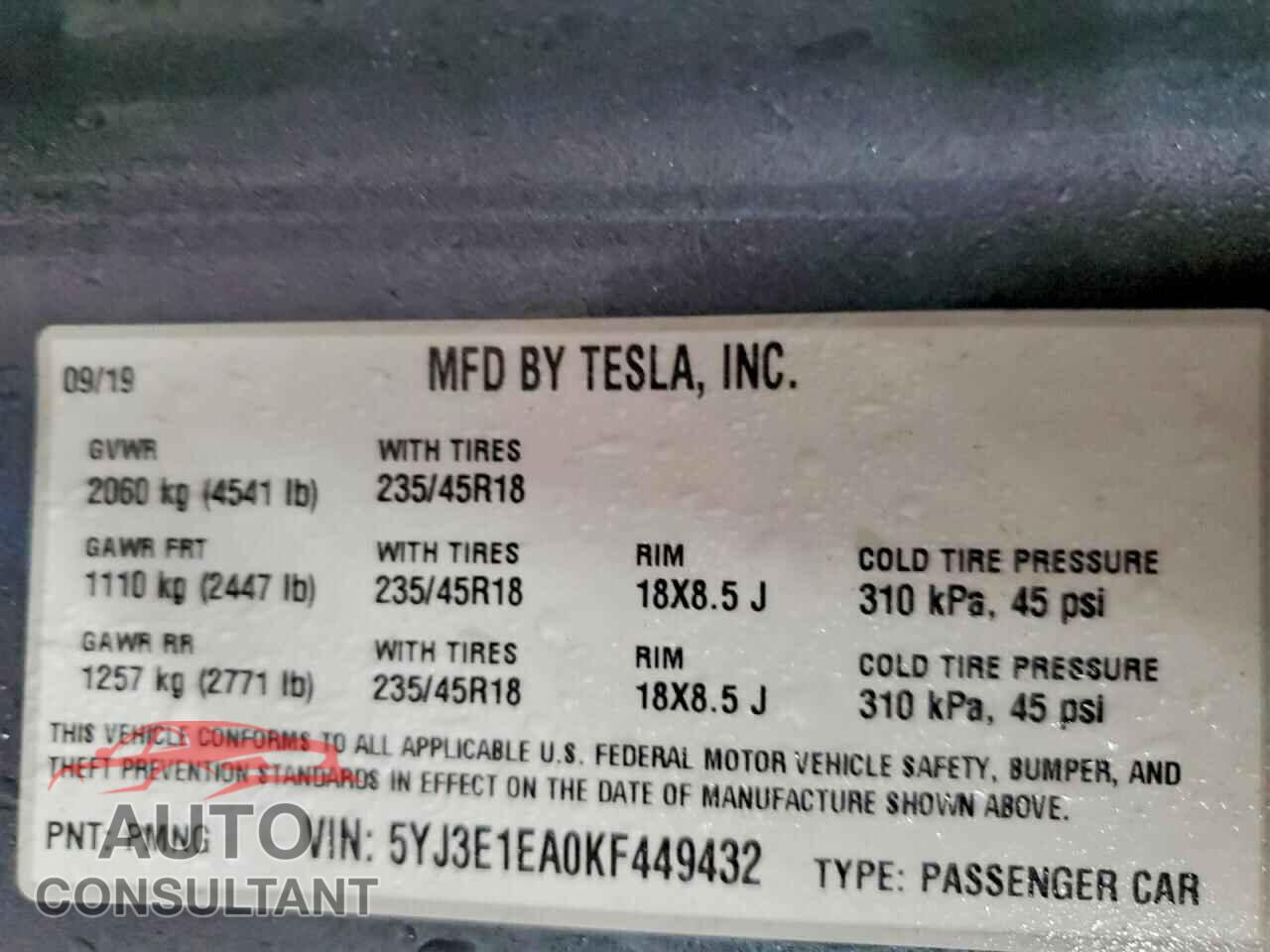 TESLA MODEL 3 2019 - 5YJ3E1EA0KF449432