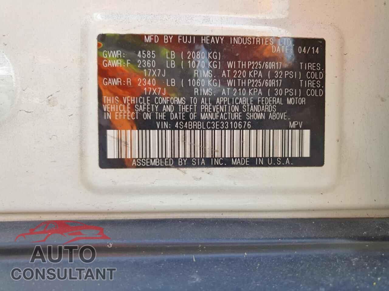 SUBARU OUTBACK 2014 - 4S4BRBLC3E3310676