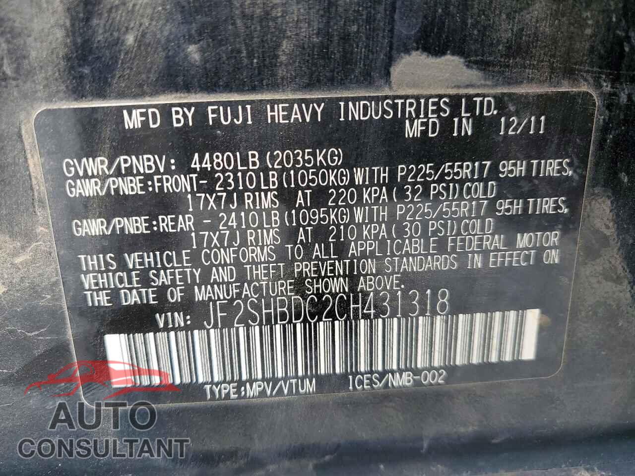 SUBARU FORESTER 2012 - JF2SHBDC2CH431318
