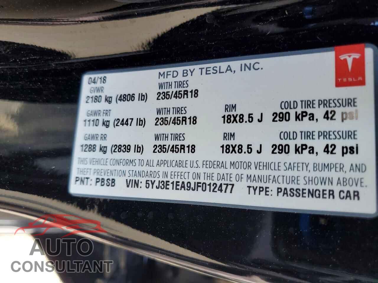 TESLA MODEL 3 2018 - 5YJ3E1EA9JF012477