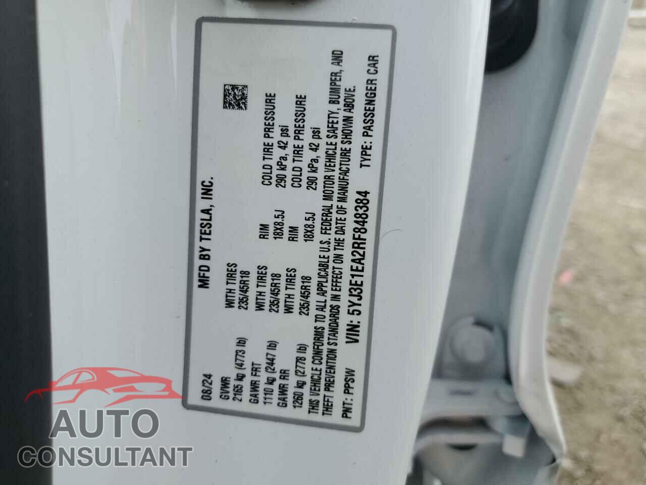 TESLA MODEL 3 2024 - 5YJ3E1EA2RF848384