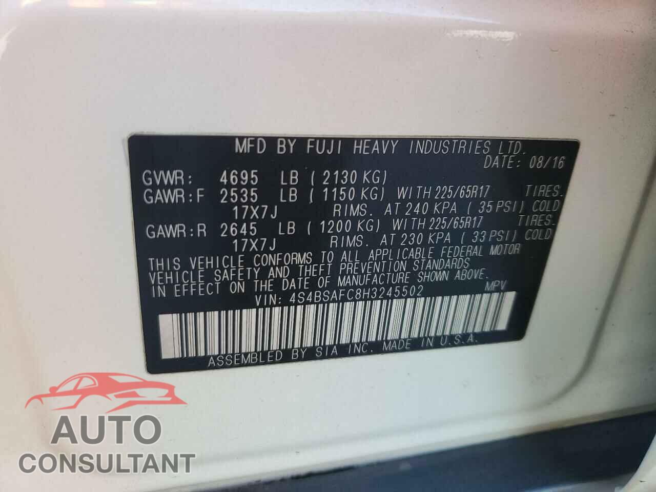 SUBARU OUTBACK 2017 - 4S4BSAFC8H3245502