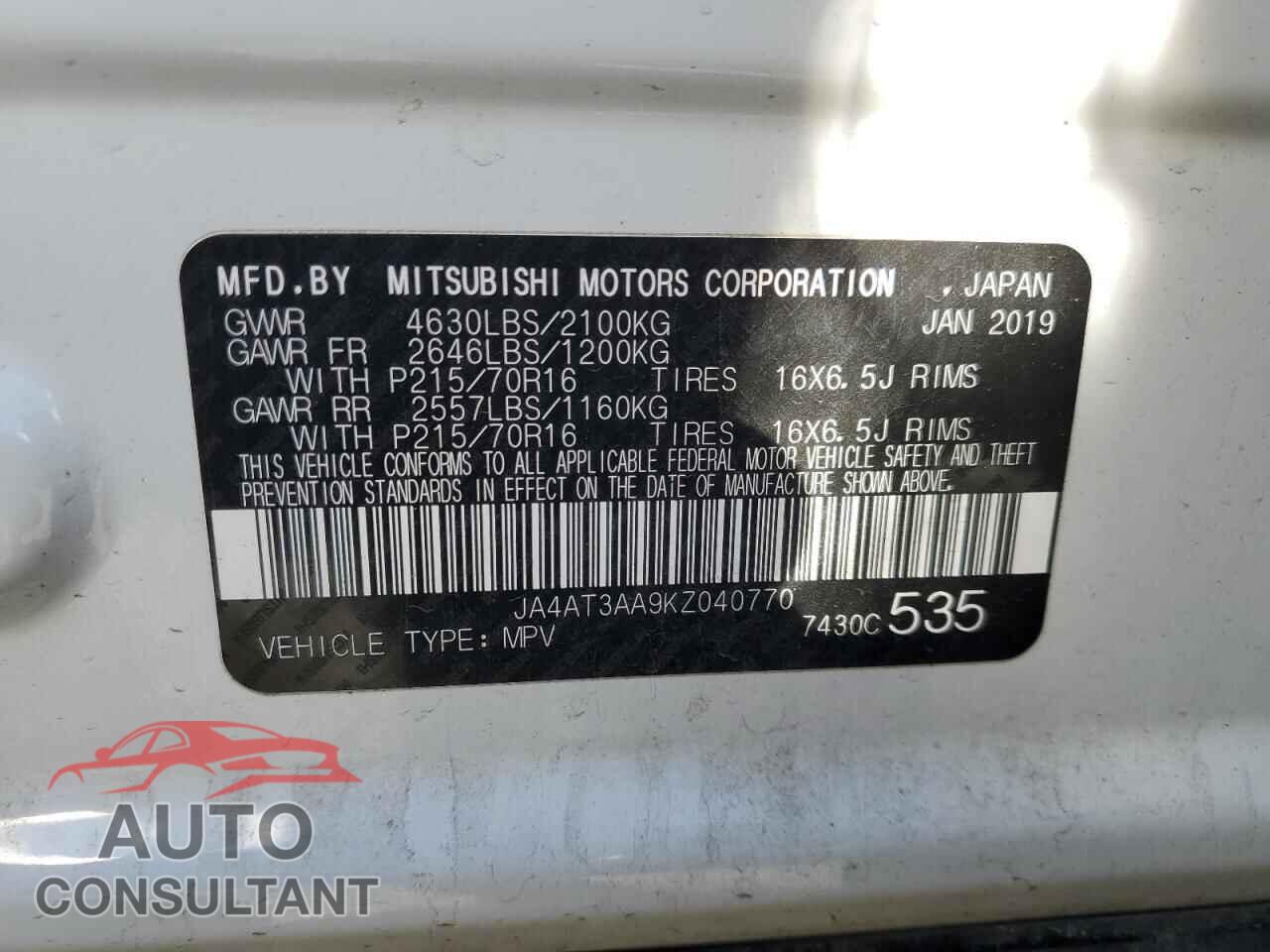 MITSUBISHI ECLIPSE 2019 - JA4AT3AA9KZ040770