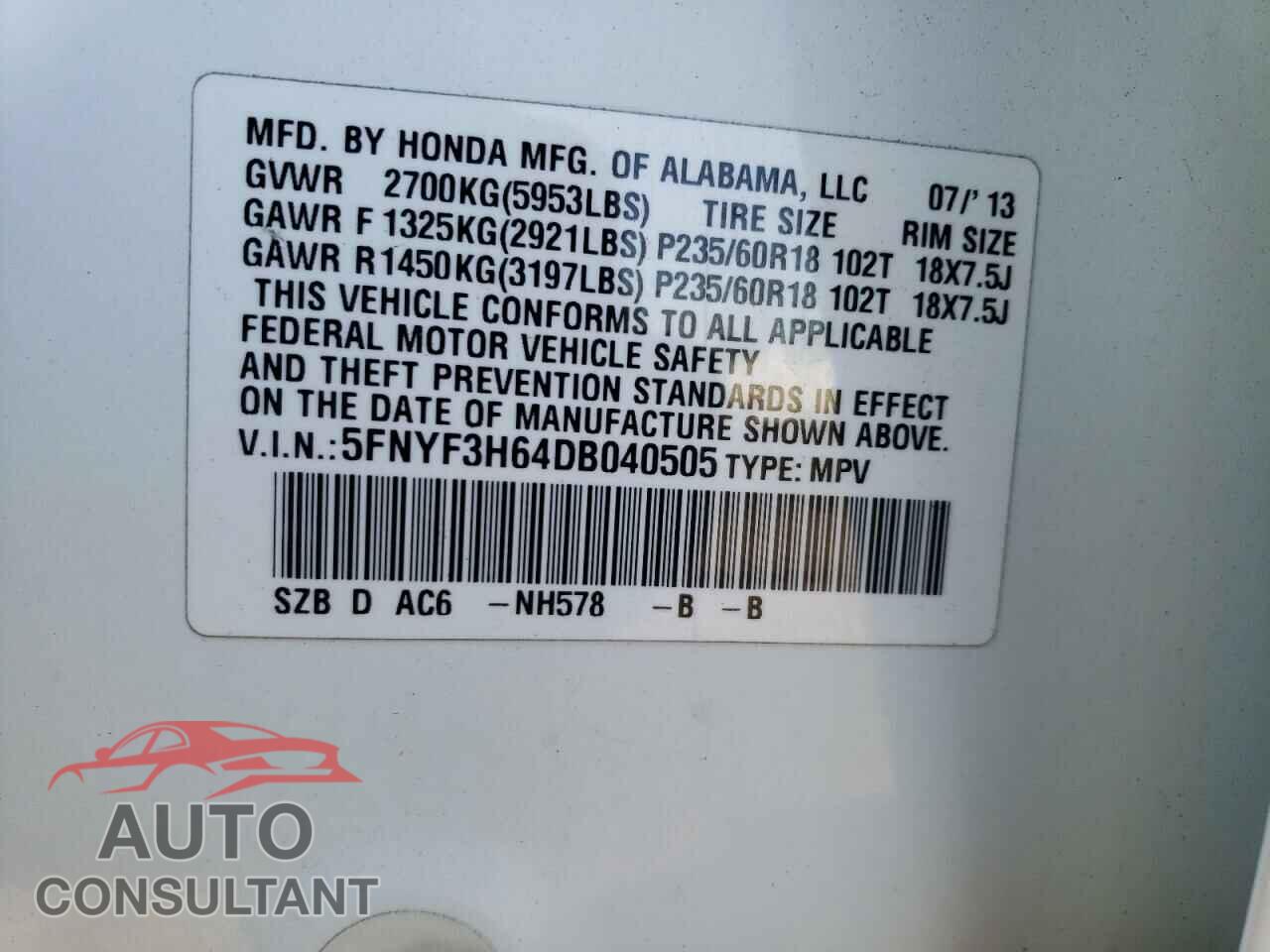 HONDA PILOT 2013 - 5FNYF3H64DB040505
