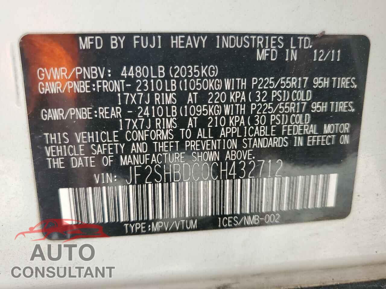 SUBARU FORESTER 2012 - JF2SHBDC0CH432712