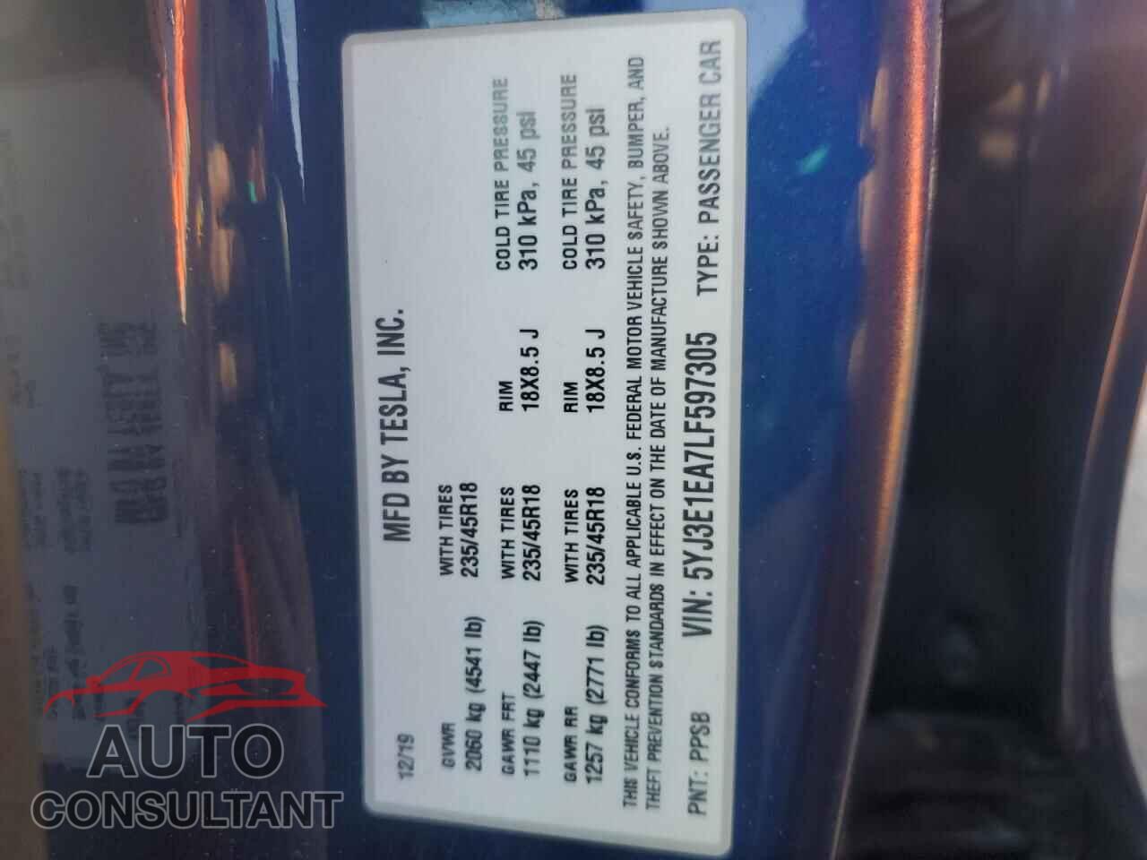 TESLA MODEL 3 2020 - 5YJ3E1EA7LF597305