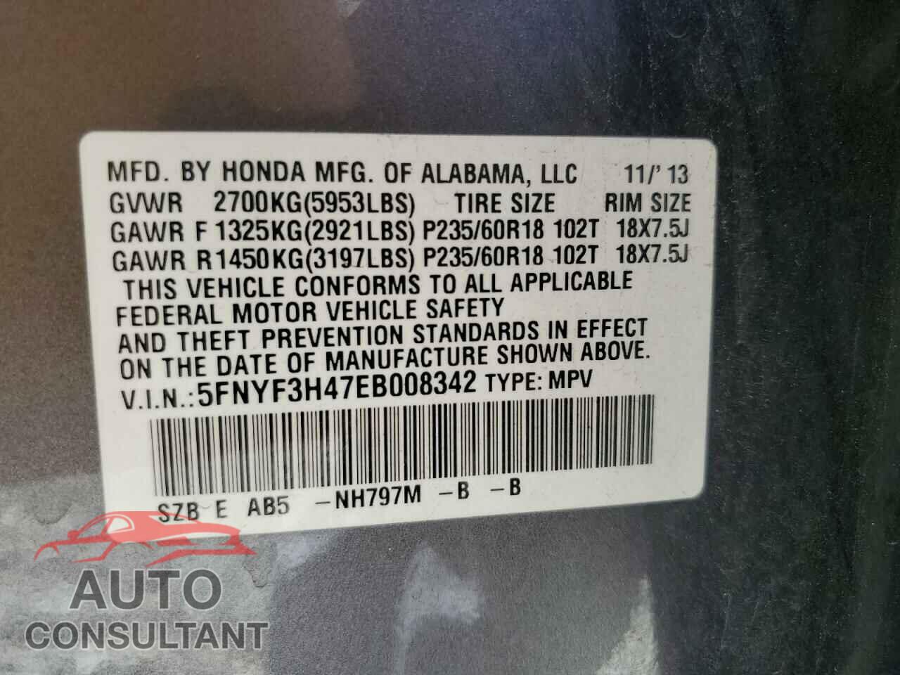 HONDA PILOT 2014 - 5FNYF3H47EB008342