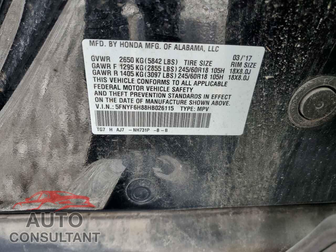 HONDA PILOT 2017 - 5FNYF6H88HB026115