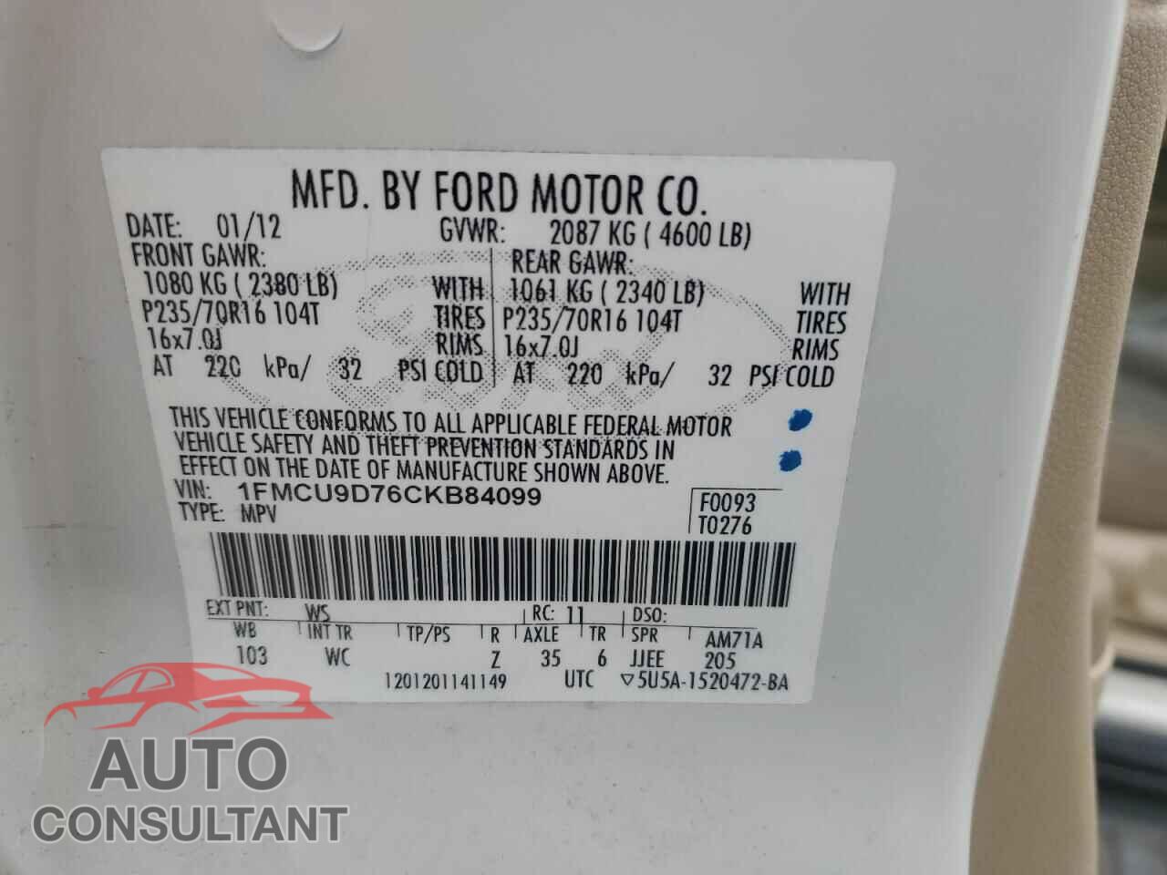 FORD ESCAPE 2012 - 1FMCU9D76CKB84099