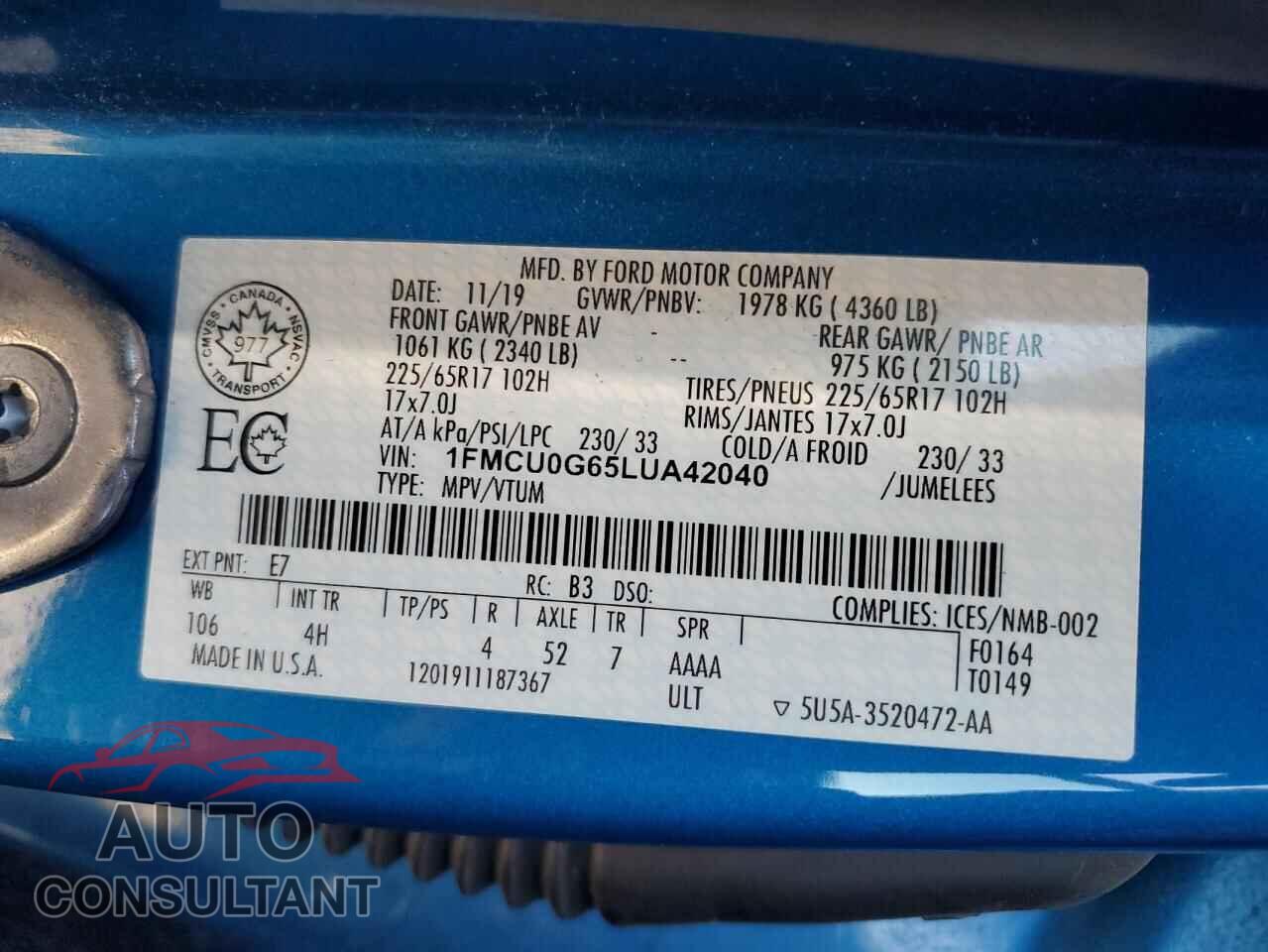 FORD ESCAPE 2020 - 1FMCU0G65LUA42040