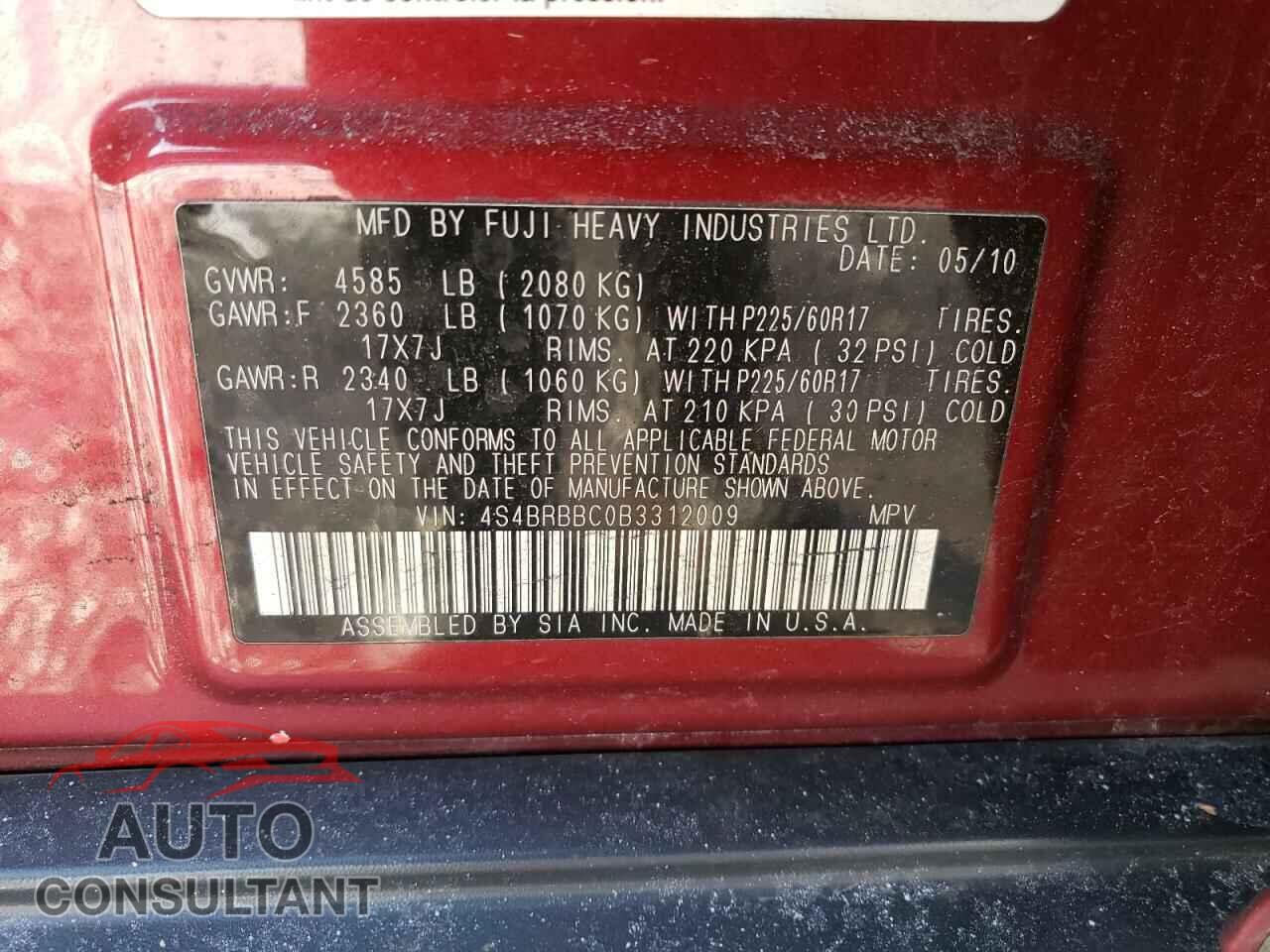 SUBARU OUTBACK 2011 - 4S4BRBBC0B3312009
