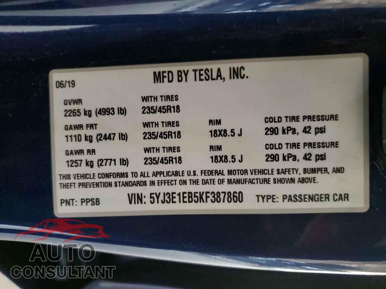TESLA MODEL 3 2019 - 5YJ3E1EB5KF387860