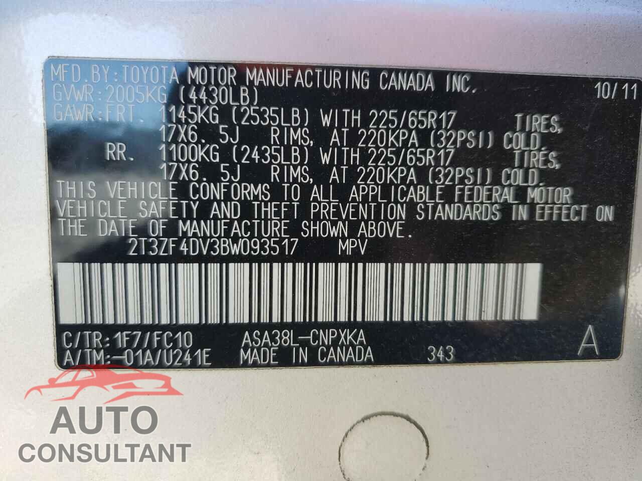 TOYOTA RAV4 2011 - 2T3ZF4DV3BW093517