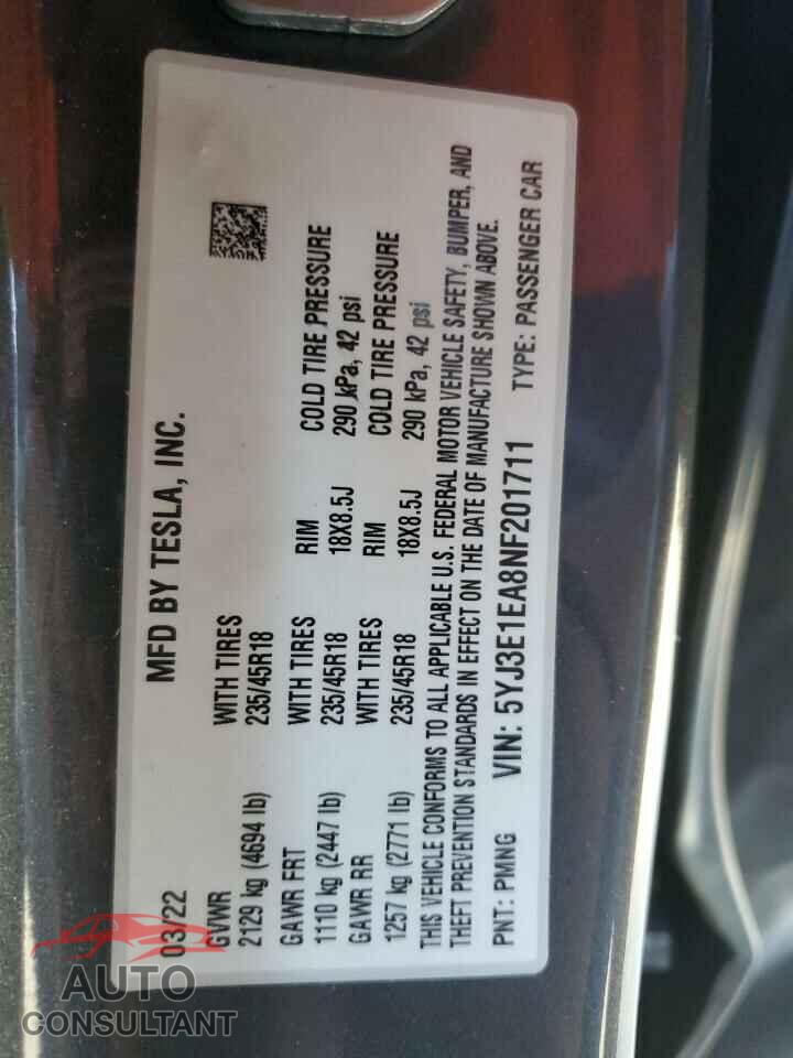 TESLA MODEL 3 2022 - 5YJ3E1EA8NF201711