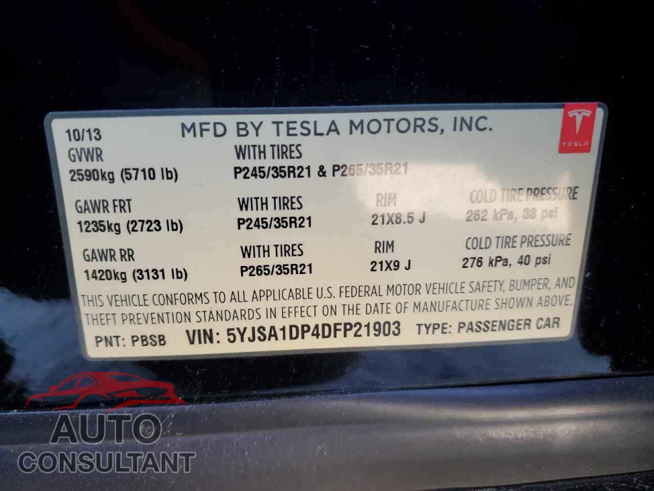 TESLA MODEL S 2013 - 5YJSA1DP4DFP21903