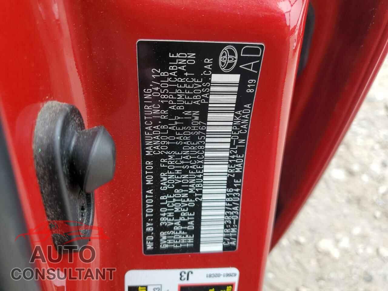 TOYOTA COROLLA 2012 - 2T1BU4EEXCC835767