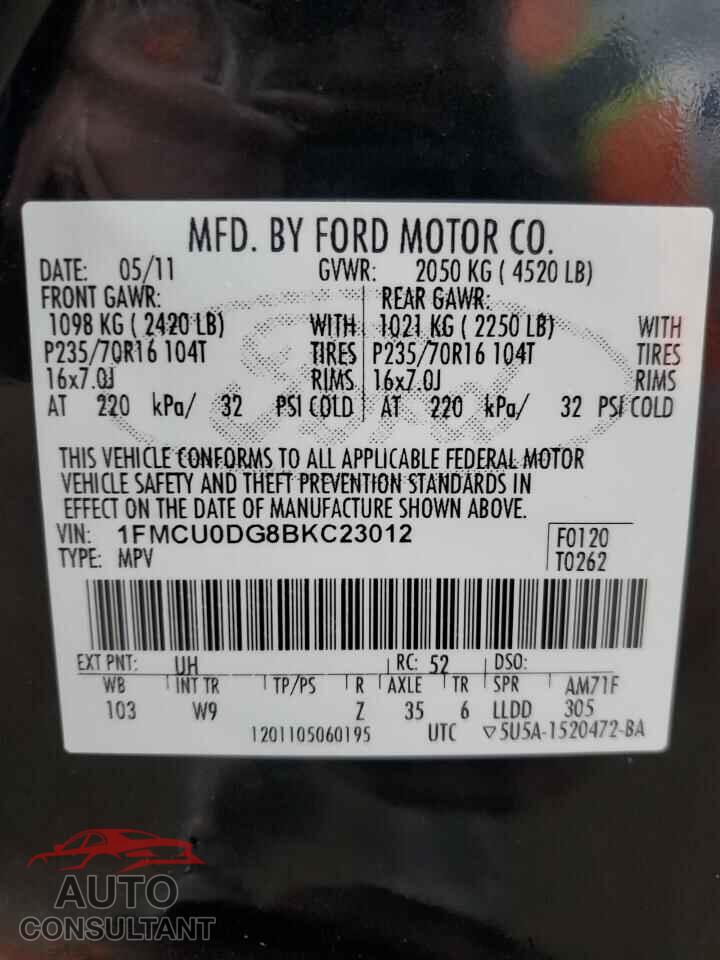 FORD ESCAPE 2011 - 1FMCU0DG8BKC23012