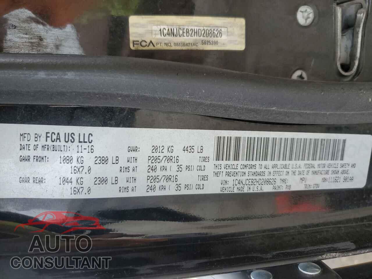 JEEP COMPASS 2017 - 1C4NJCEB2HD208626