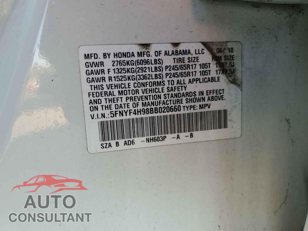 HONDA PILOT 2011 - 5FNYF4H98BB020660