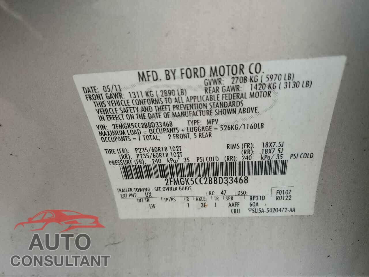 FORD FLEX 2011 - 2FMGK5CC2BBD33468
