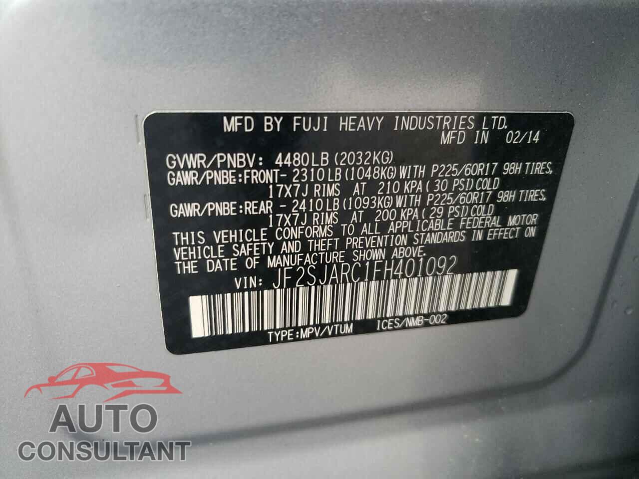 SUBARU FORESTER 2015 - JF2SJARC1FH401092