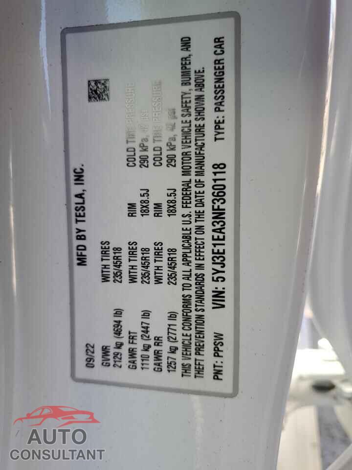 TESLA MODEL 3 2022 - 5YJ3E1EA3NF360118
