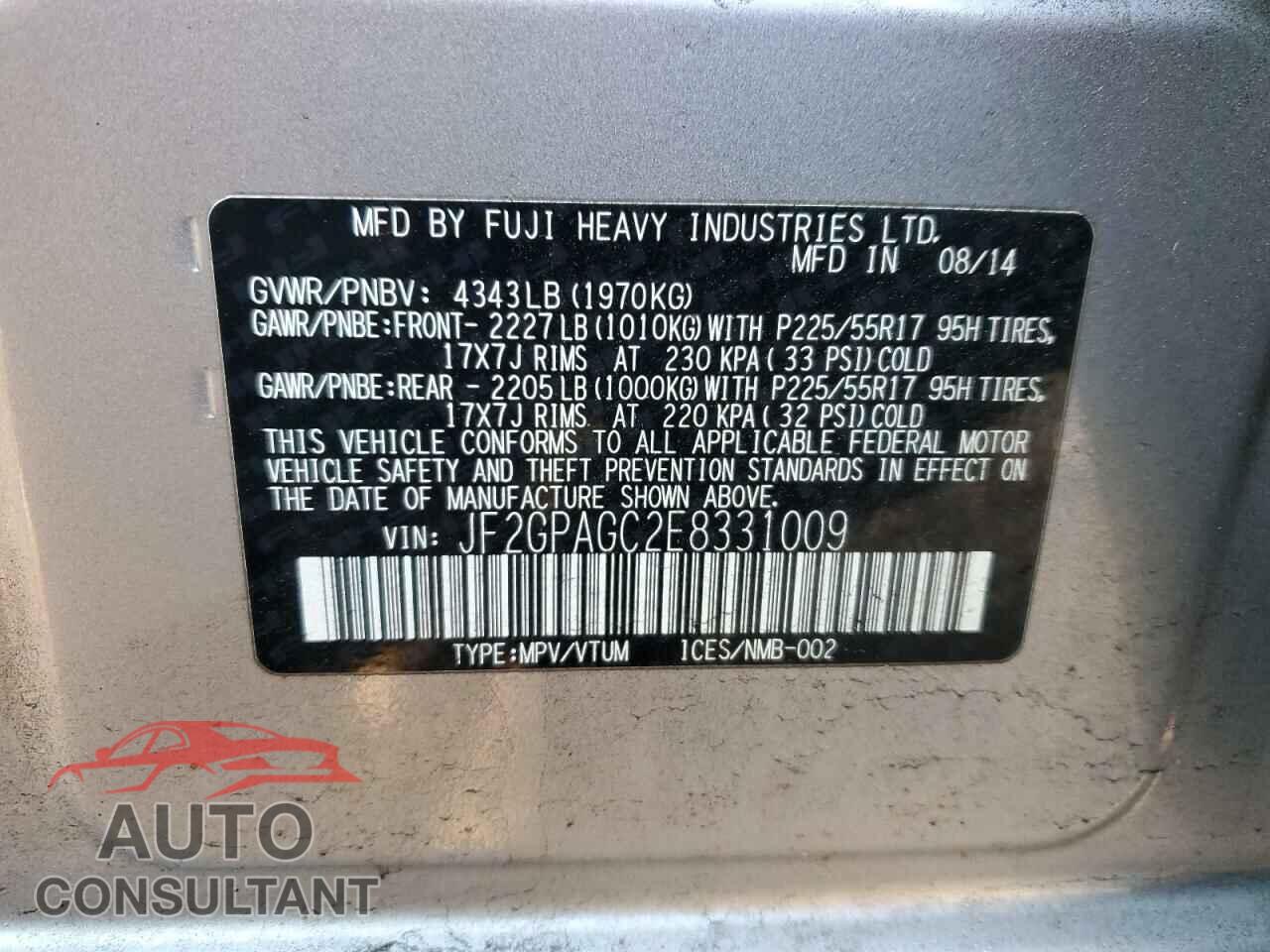 SUBARU XV 2014 - JF2GPAGC2E8331009