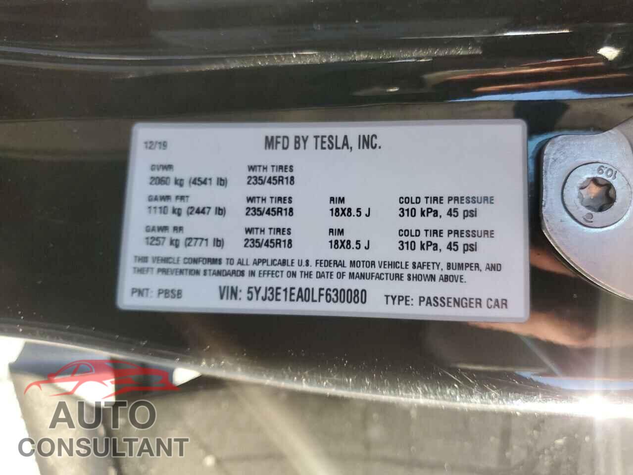 TESLA MODEL 3 2020 - 5YJ3E1EA0LF630080