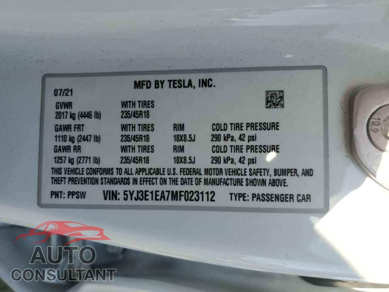 TESLA MODEL 3 2021 - 5YJ3E1EA7MF023112