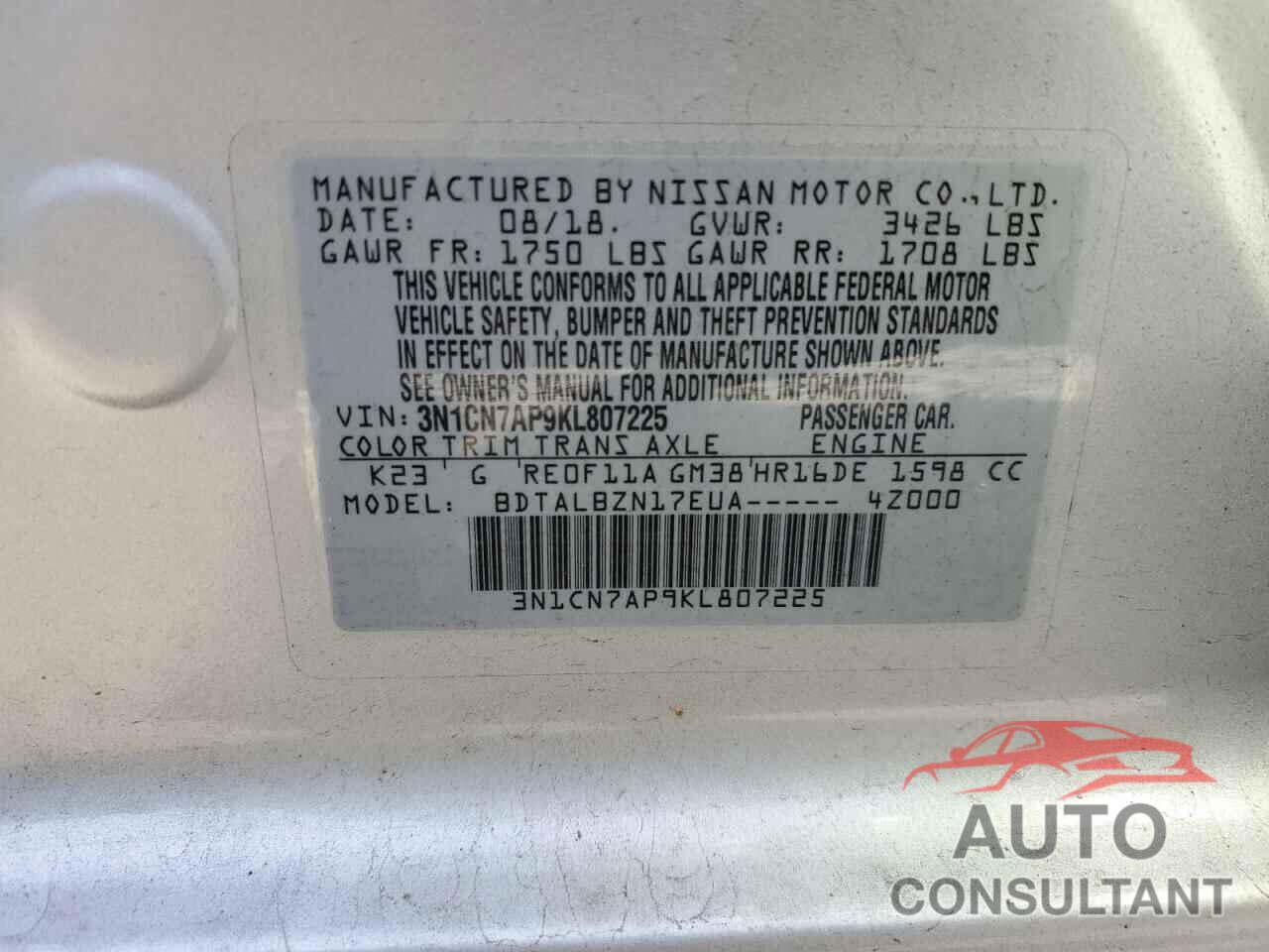 NISSAN VERSA 2019 - 3N1CN7AP9KL807225