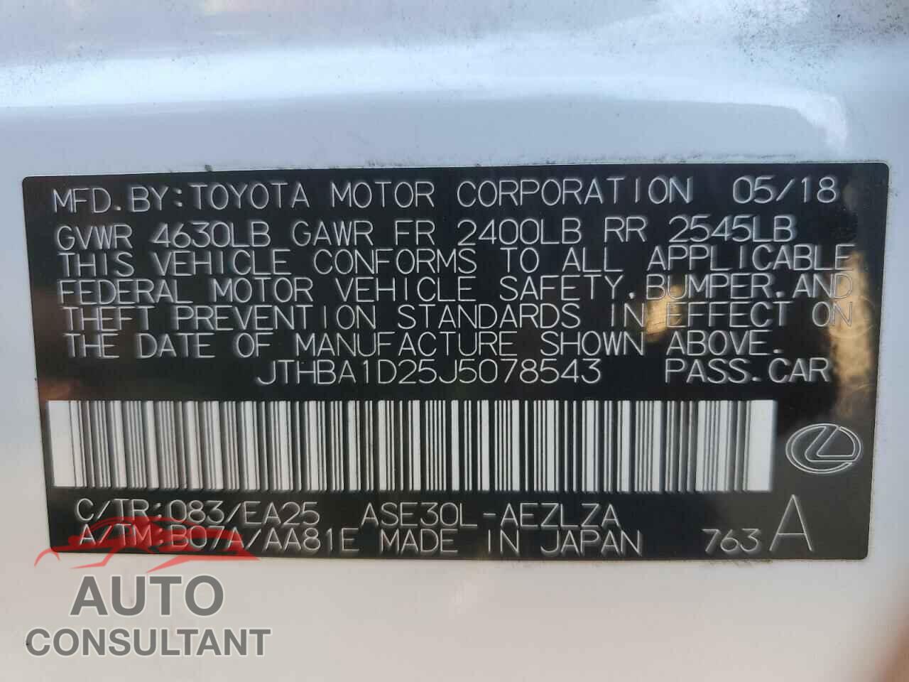 LEXUS IS 2018 - JTHBA1D25J5078543