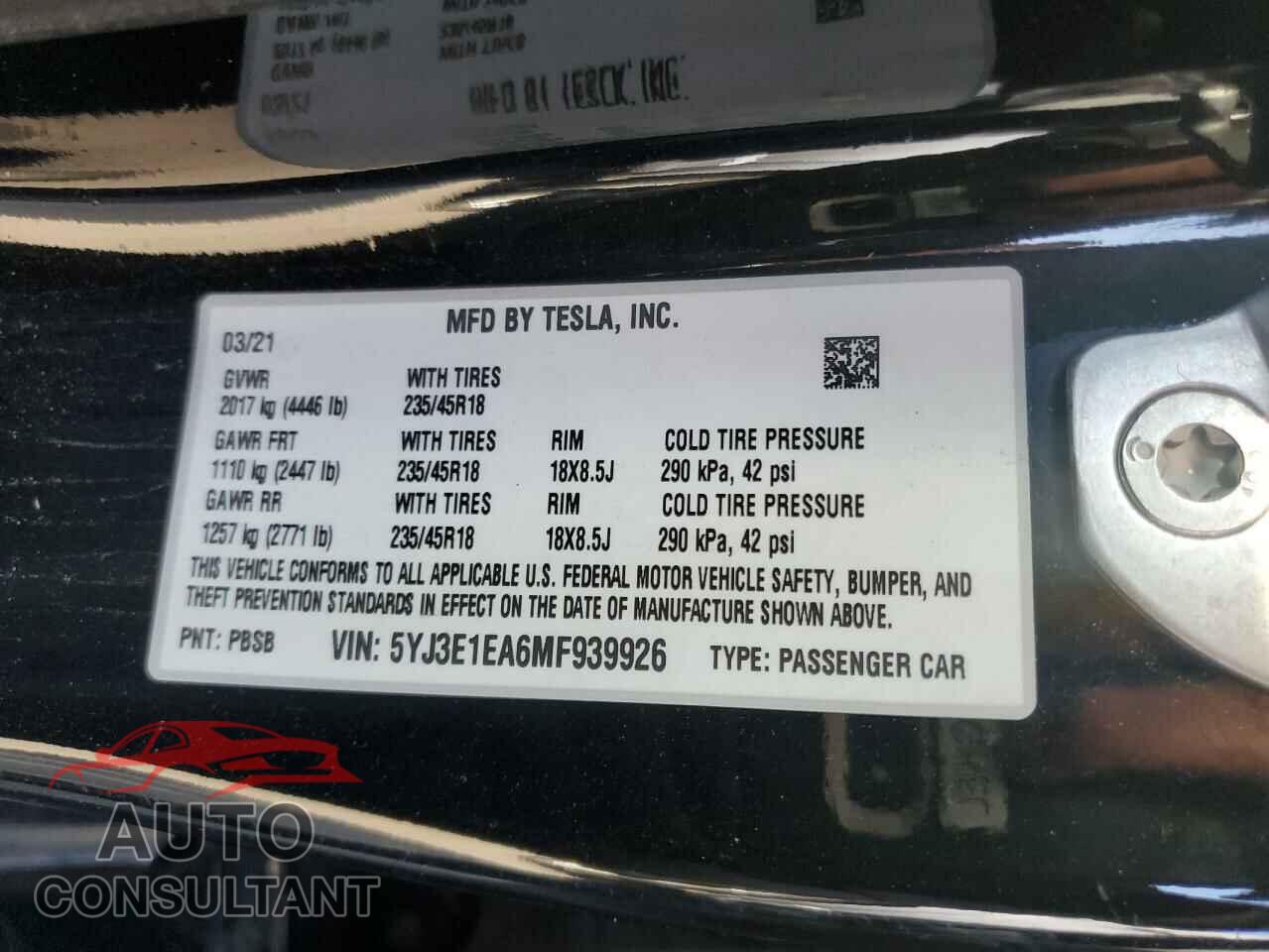 TESLA MODEL 3 2021 - 5YJ3E1EA6MF939926