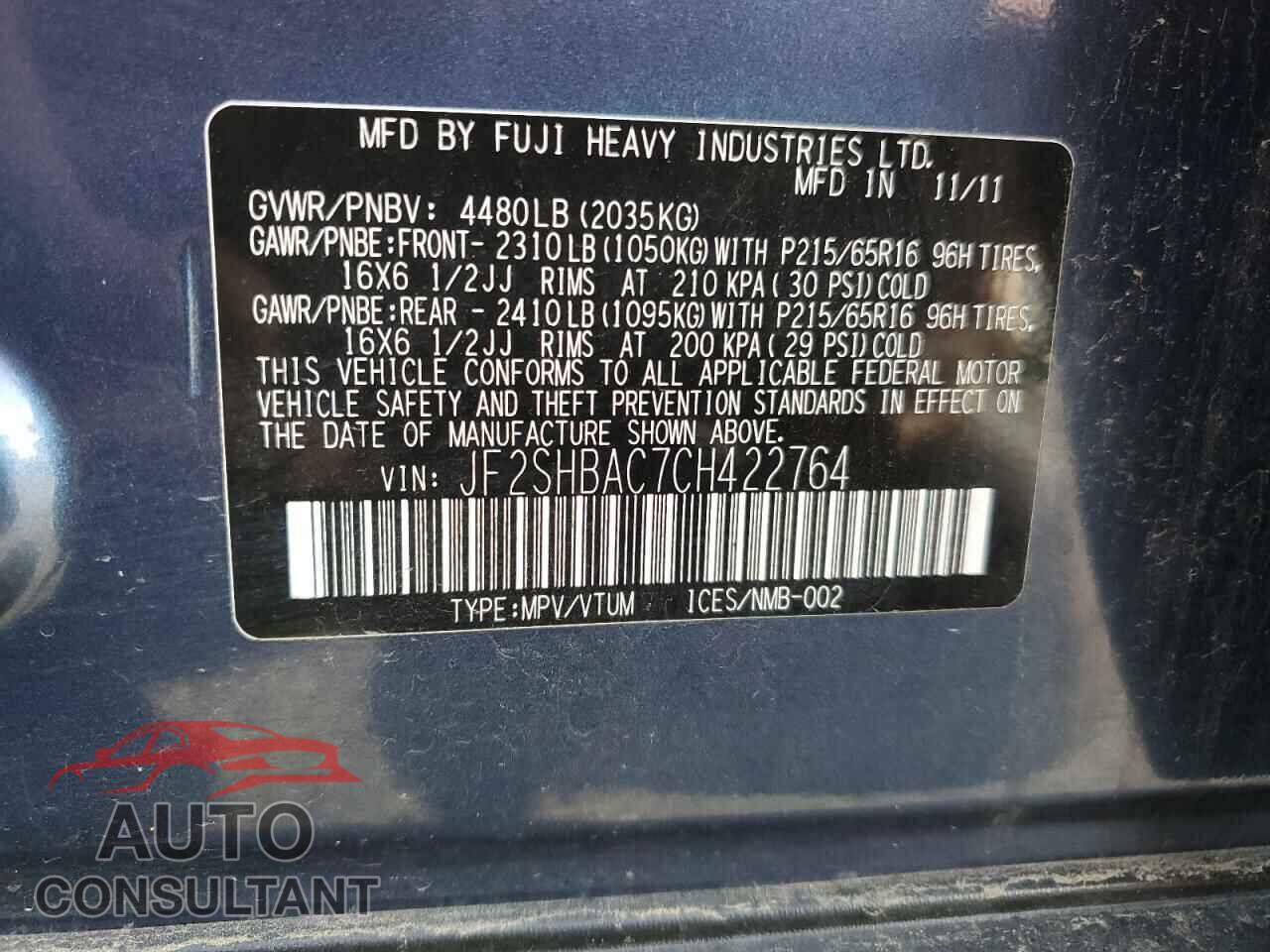 SUBARU FORESTER 2012 - JF2SHBAC7CH422764