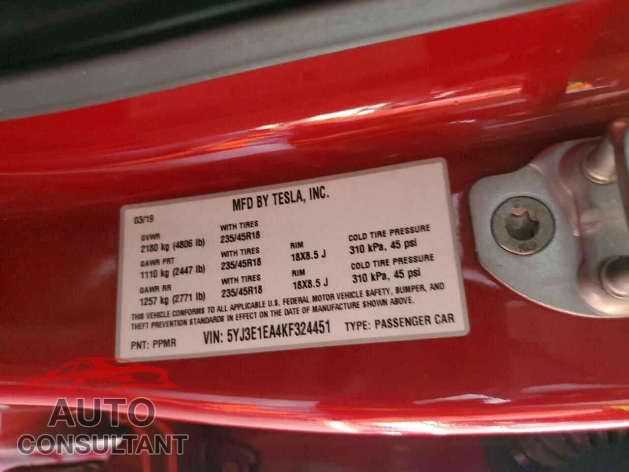 TESLA MODEL 3 2019 - 5YJ3E1EA4KF324451