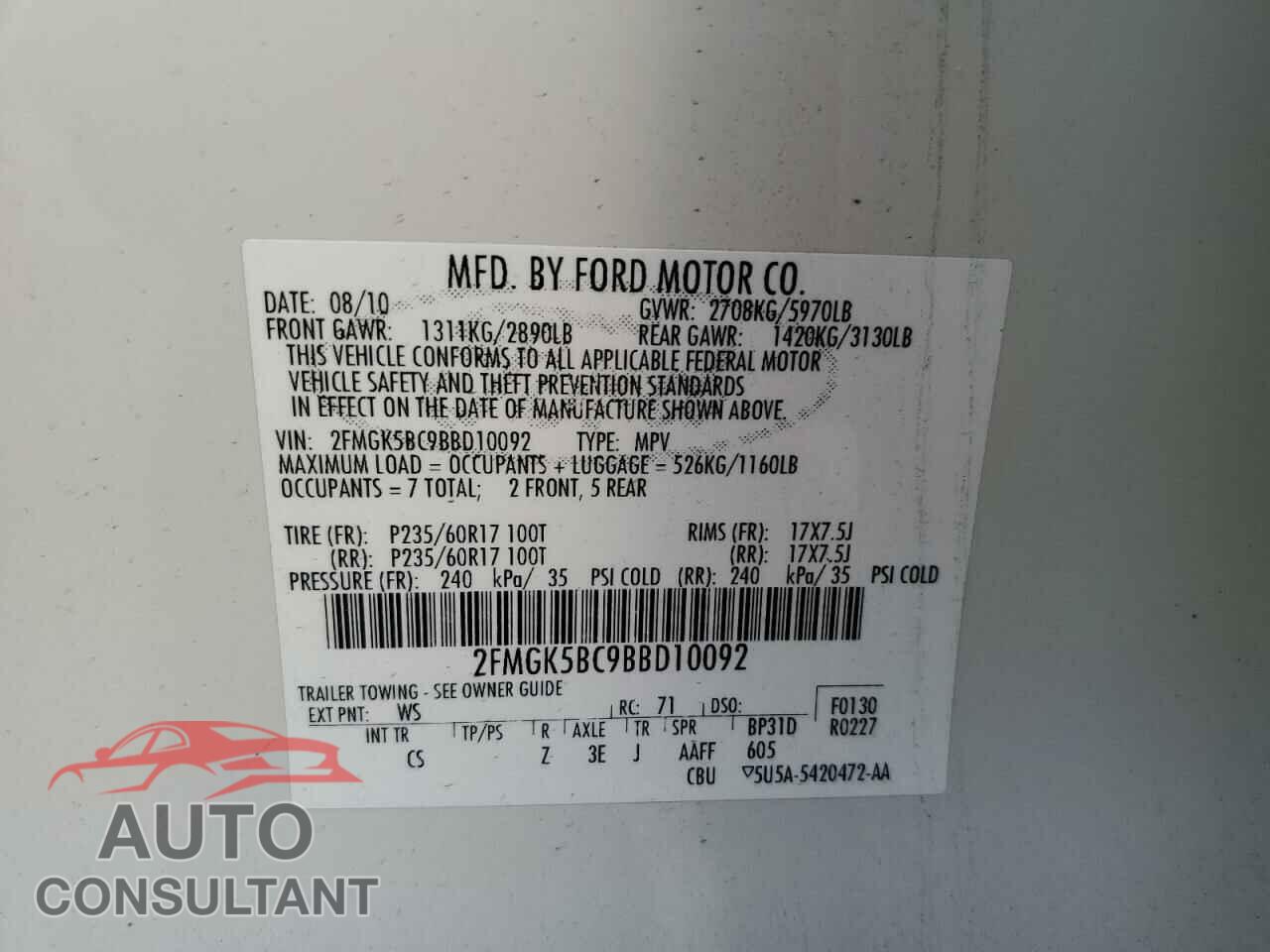 FORD FLEX 2011 - 2FMGK5BC9BBD10092