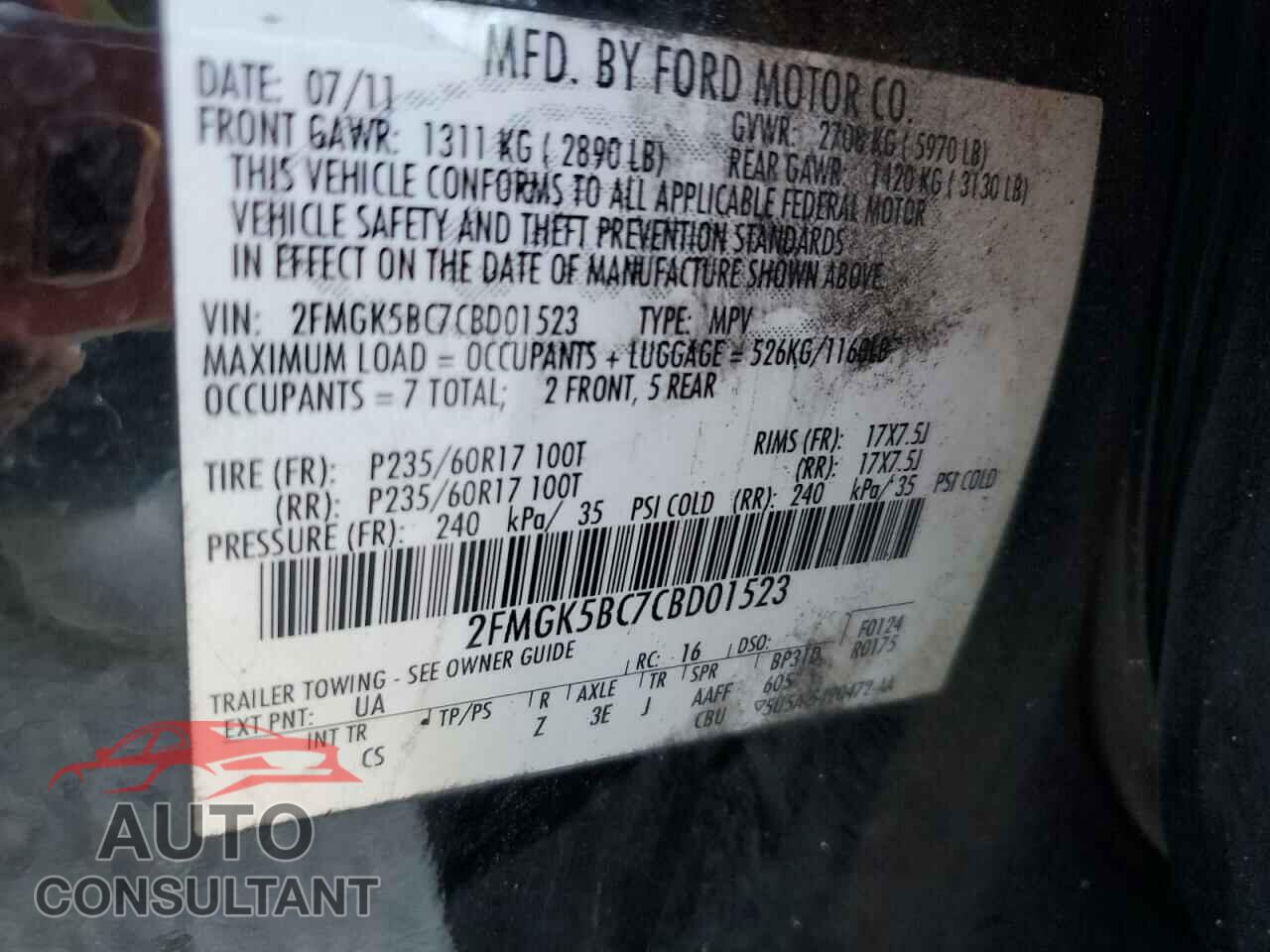 FORD FLEX 2012 - 2FMGK5BC7CBD01523