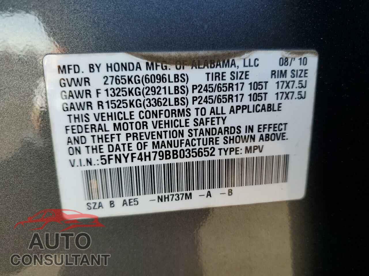 HONDA PILOT 2011 - 5FNYF4H79BB035652