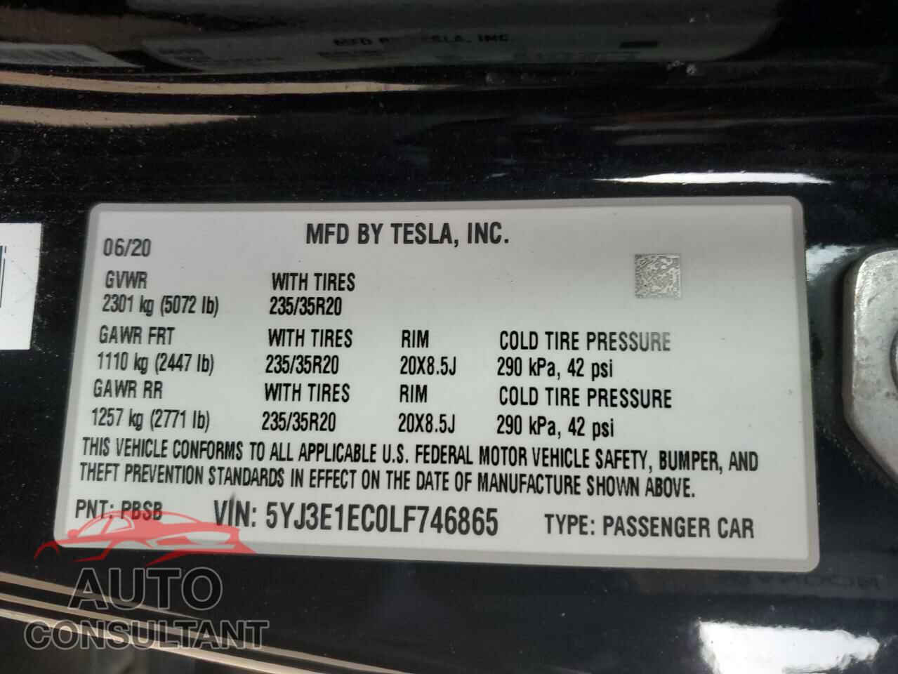 TESLA MODEL 3 2020 - 5YJ3E1EC0LF746865