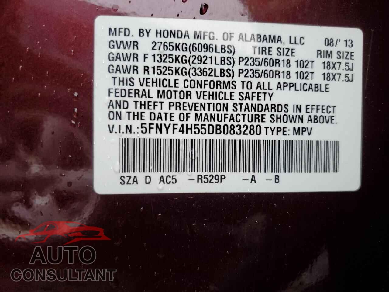HONDA PILOT 2013 - 5FNYF4H55DB083280
