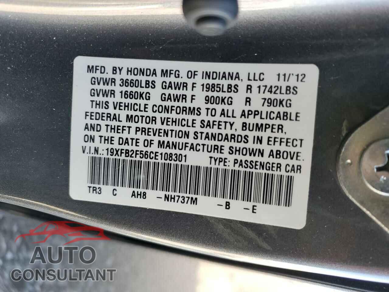 HONDA CIVIC 2012 - 19XFB2F56CE108301