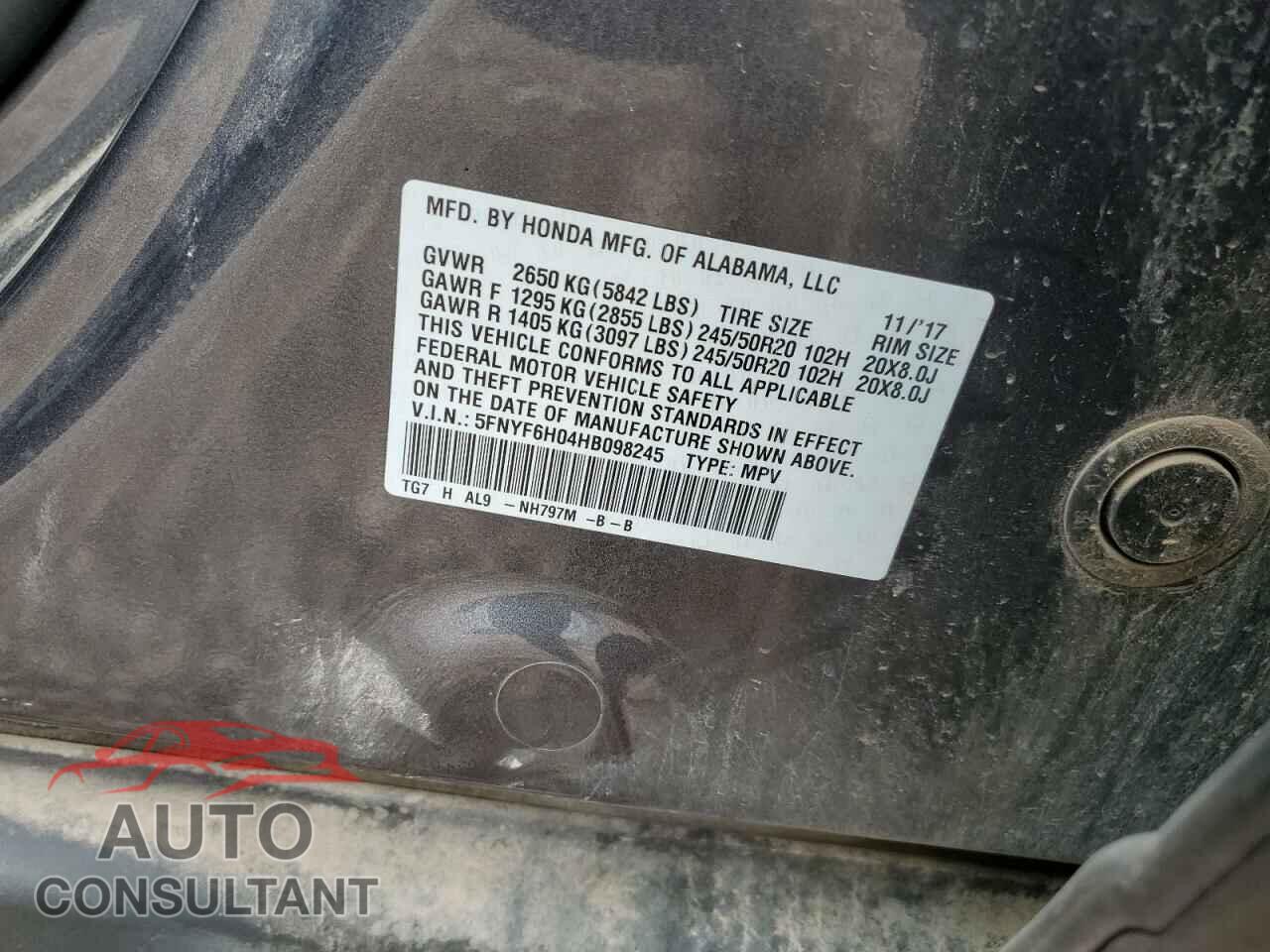 HONDA PILOT 2017 - 5FNYF6H04HB098245