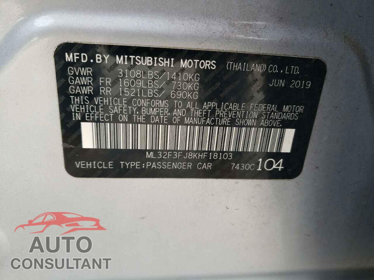 MITSUBISHI MIRAGE 2019 - ML32F3FJ8KHF18103