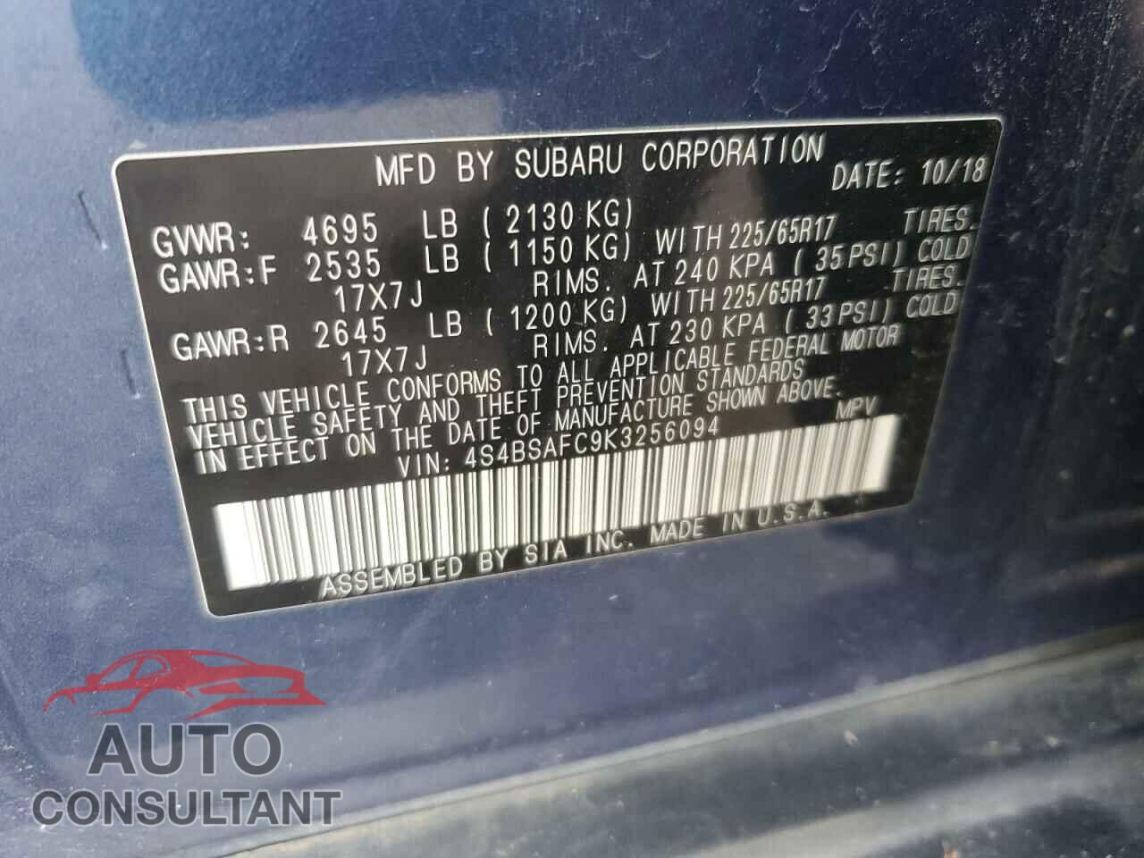 SUBARU OUTBACK 2019 - 4S4BSAFC9K3256094
