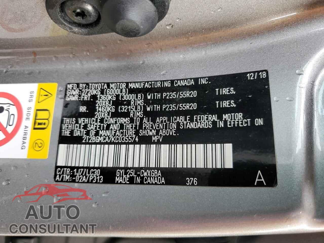 LEXUS RX450 2019 - 2T2BGMCA7KC035574
