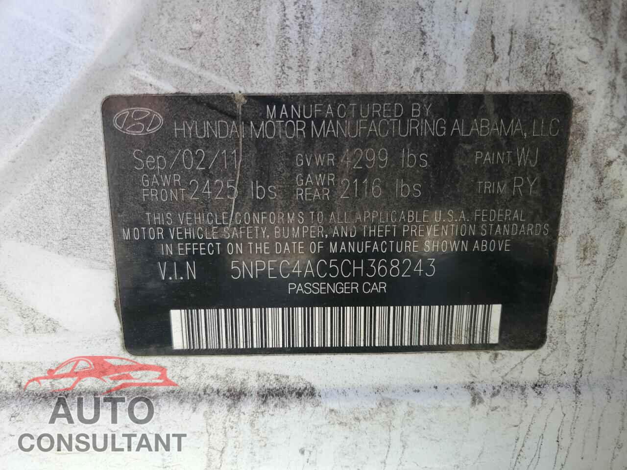 HYUNDAI SONATA 2012 - 5NPEC4AC5CH368243