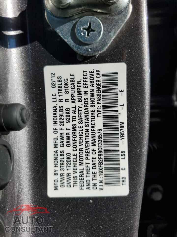 HONDA CIVIC 2012 - 19XFB2F98CE336576