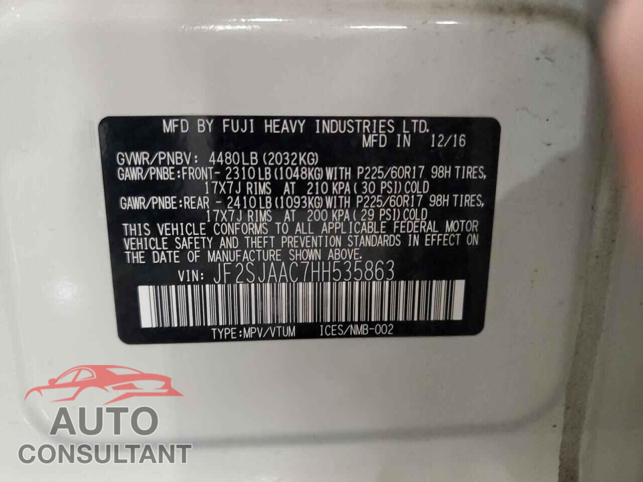 SUBARU FORESTER 2017 - JF2SJAAC7HH535863