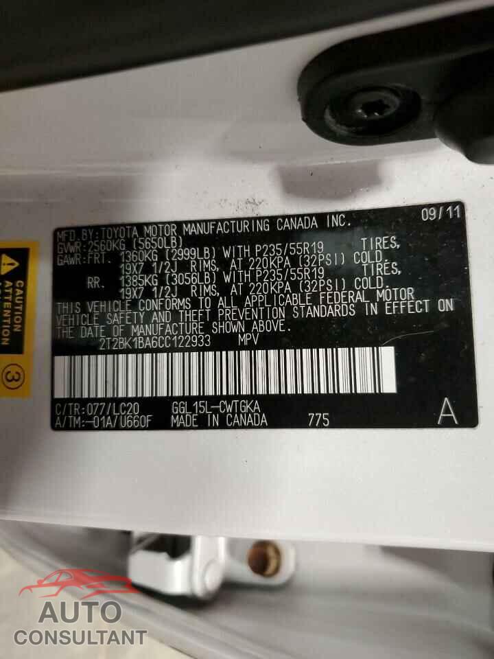 LEXUS RX350 2012 - 2T2BK1BA6CC122933