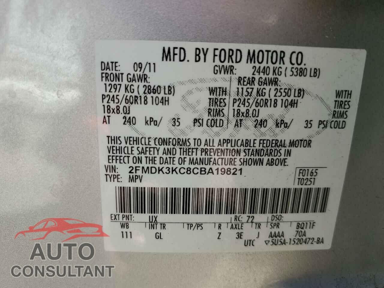 FORD EDGE 2012 - 2FMDK3KC8CBA19821